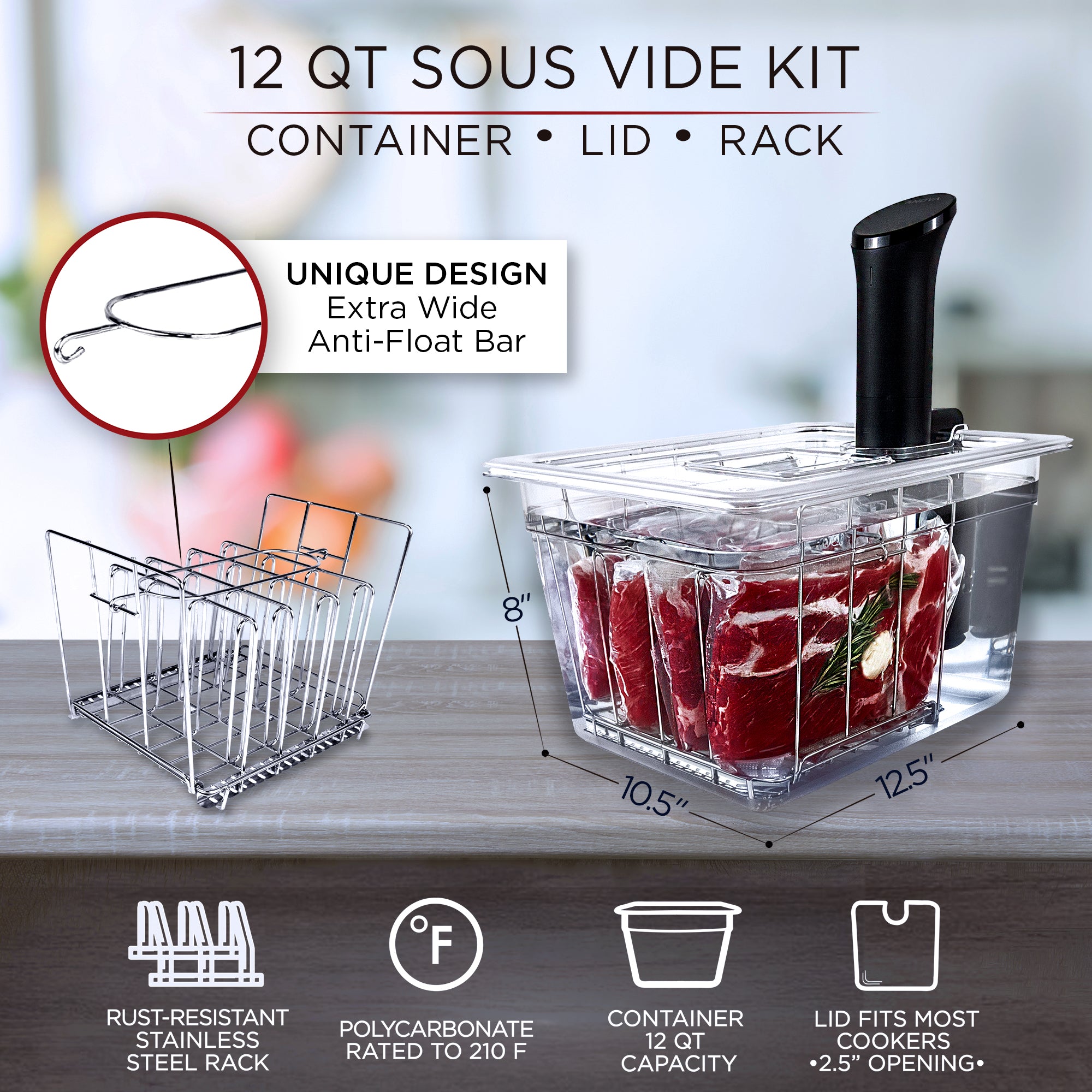VÄESKE Sous Vide Container with Lid & Rack Set - 12 Quart Accessories Kit for Most Sous Vide Cookers - Durable Polycarbonate and Rust-Resistant Stainless Steel
