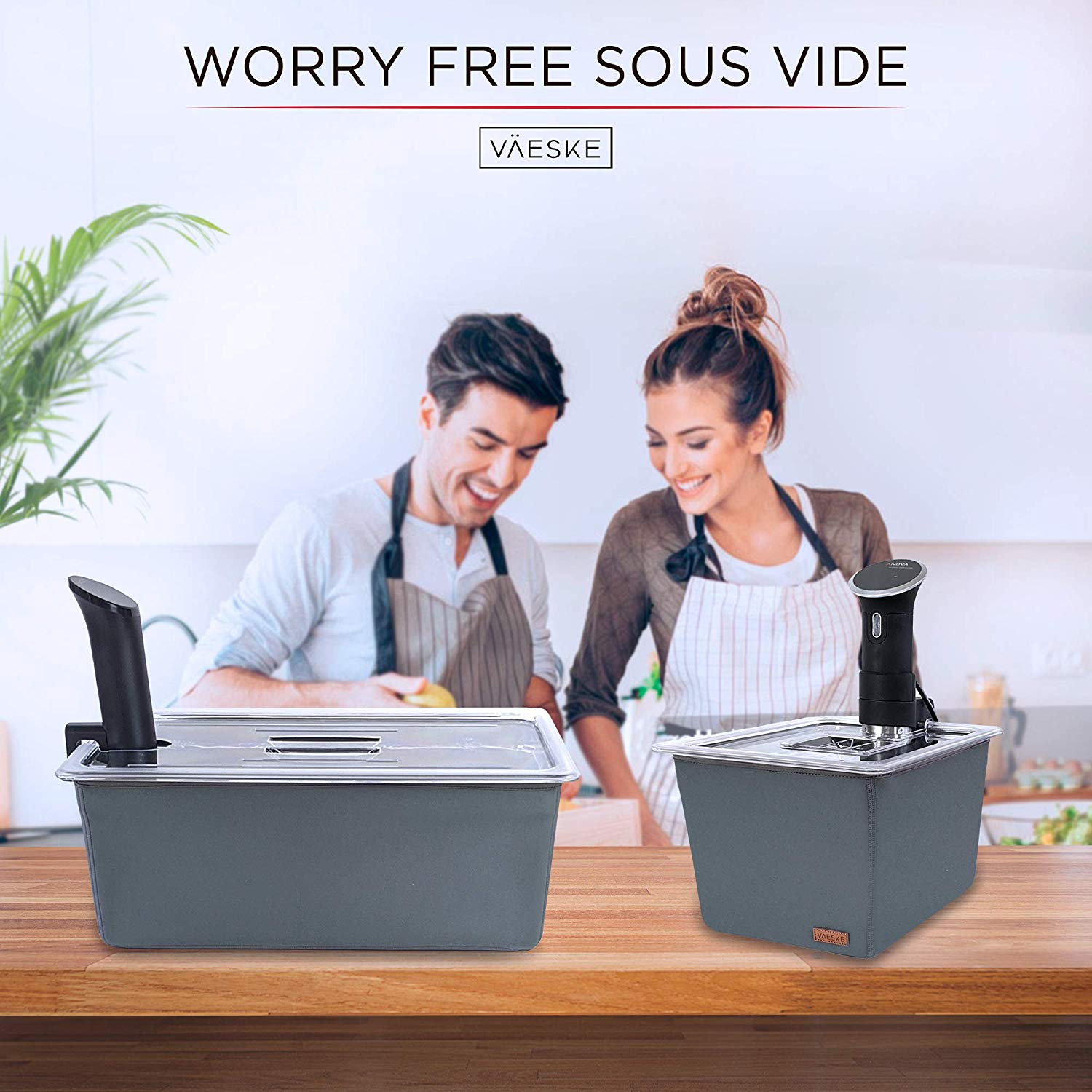 VÄESKE Large Sous Vide Container with Lid, Racks & Insulating Sleeve | 26 Quart Size | Retains Heat & Protects Countertops | Durable Polycarbonate Stainless Steel and Neoprene Sous Vide Accessories | Works with Most Sous Vide Cookers